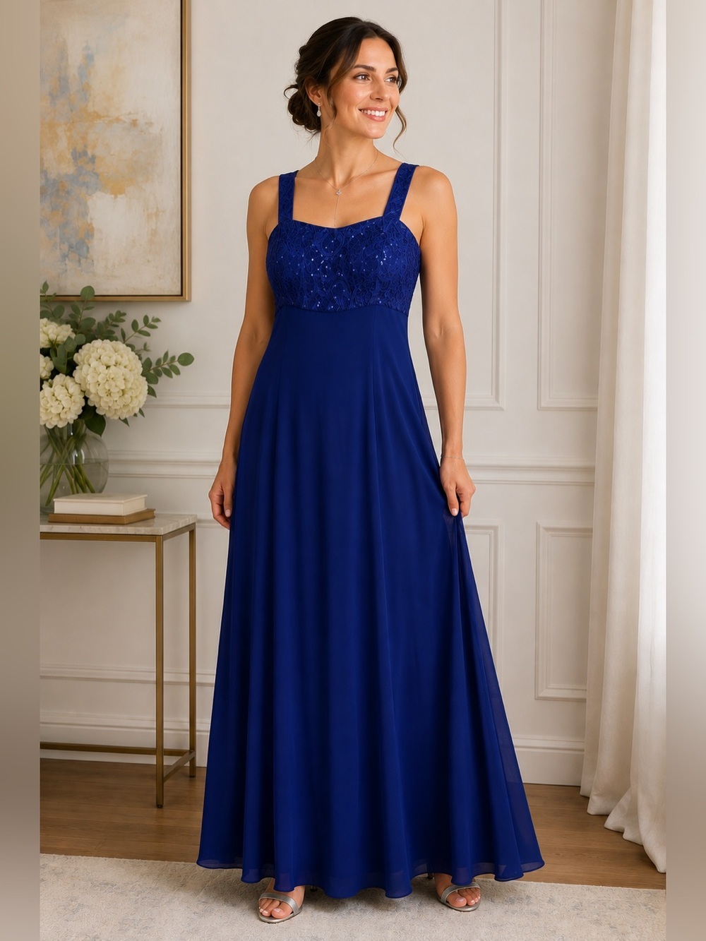 R&M Richards Blue Sequin Lace Formal Gown Jacket Set Size 6 Maxi Dress